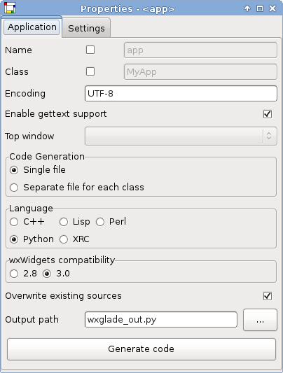 Project Properties - Application settings