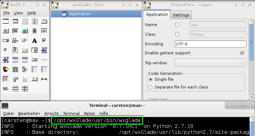 Starting wxGlade on Linux at /opt/wxglade/bin/wxglade